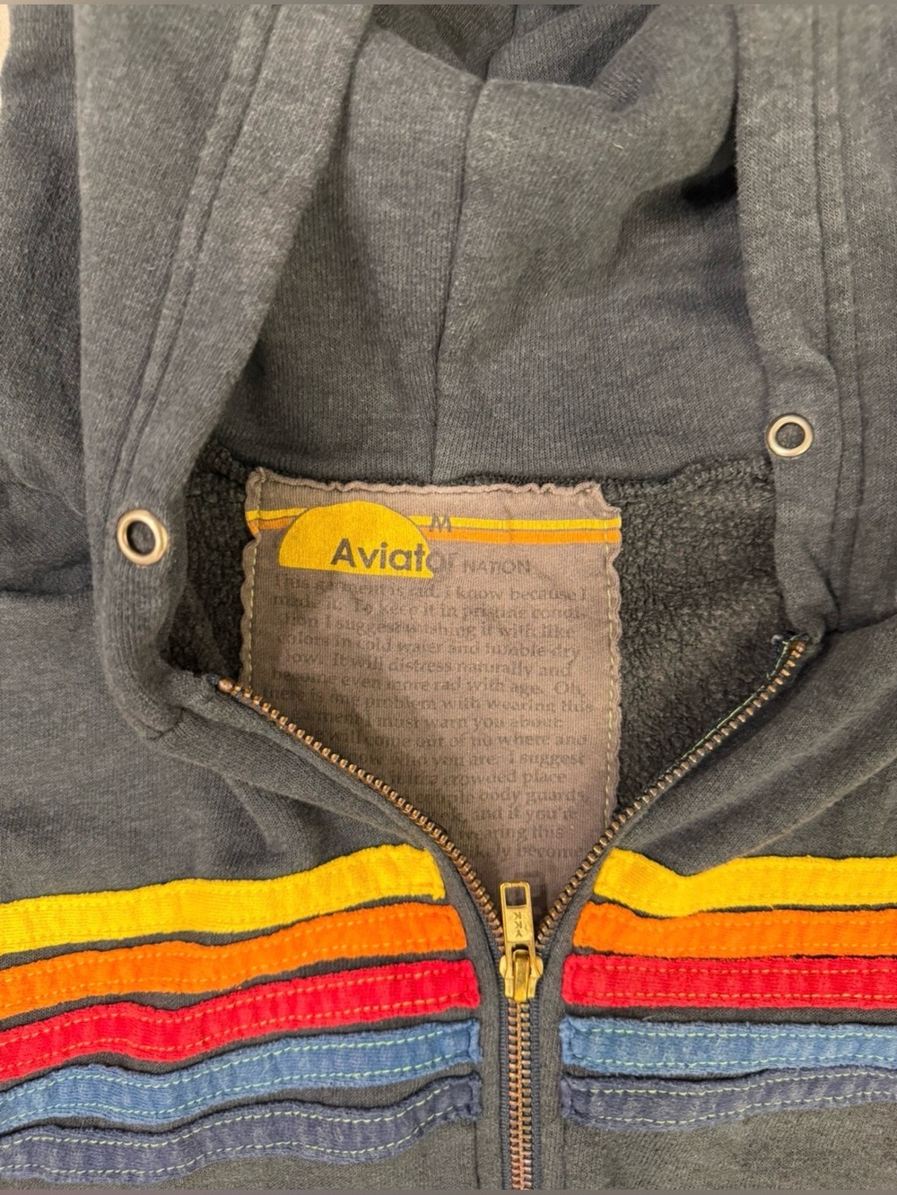 Aviator Nation 5 Stripe Heathered Navy Gray Rainbow Full Zip Hoodie - Picture 4 of 5